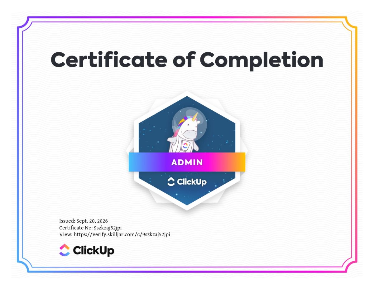 ClickUp Admin certificate issued to Valentina Akpan