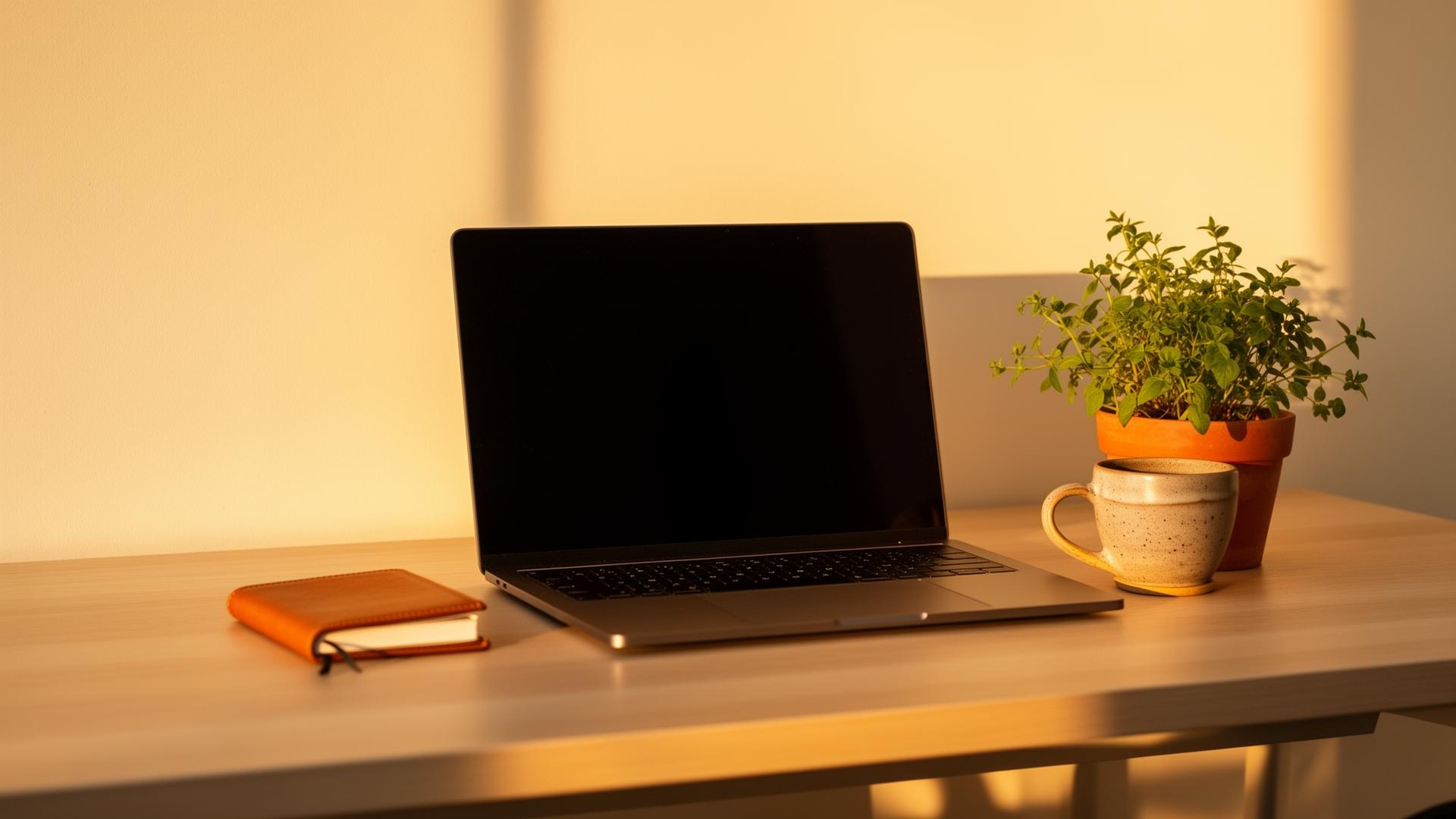 A tidy desk with a laptop, notebook and coffee by a window