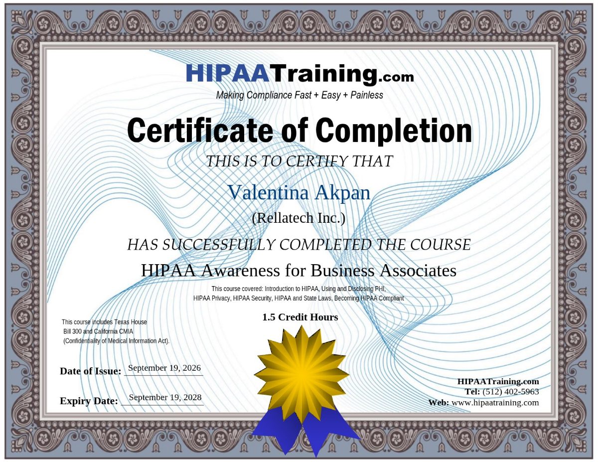 HIPAA Awareness for Business Associates certificate issued to Valentina Akpan