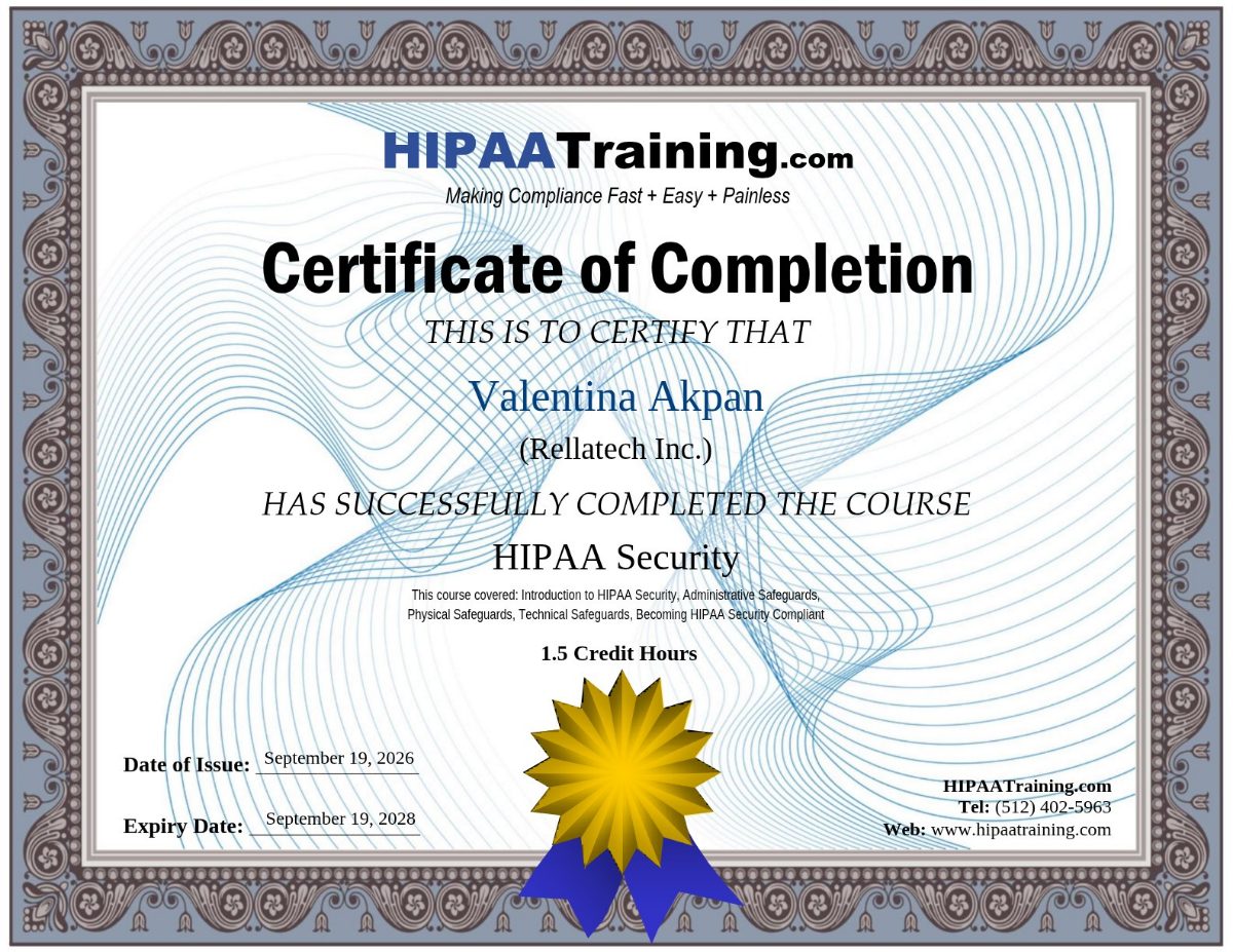 HIPAA Security certificate issued to Valentina Akpan