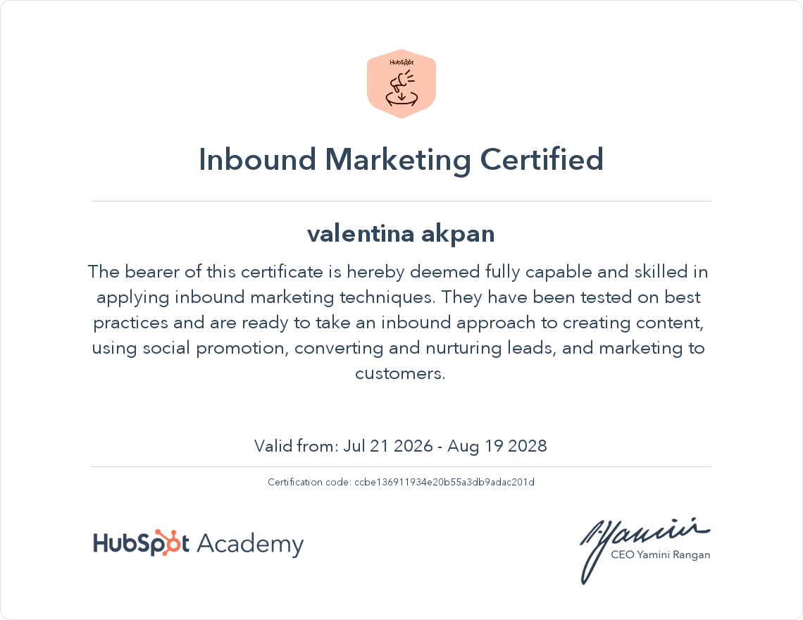 Inbound Marketing Certified certificate issued to Valentina Akpan