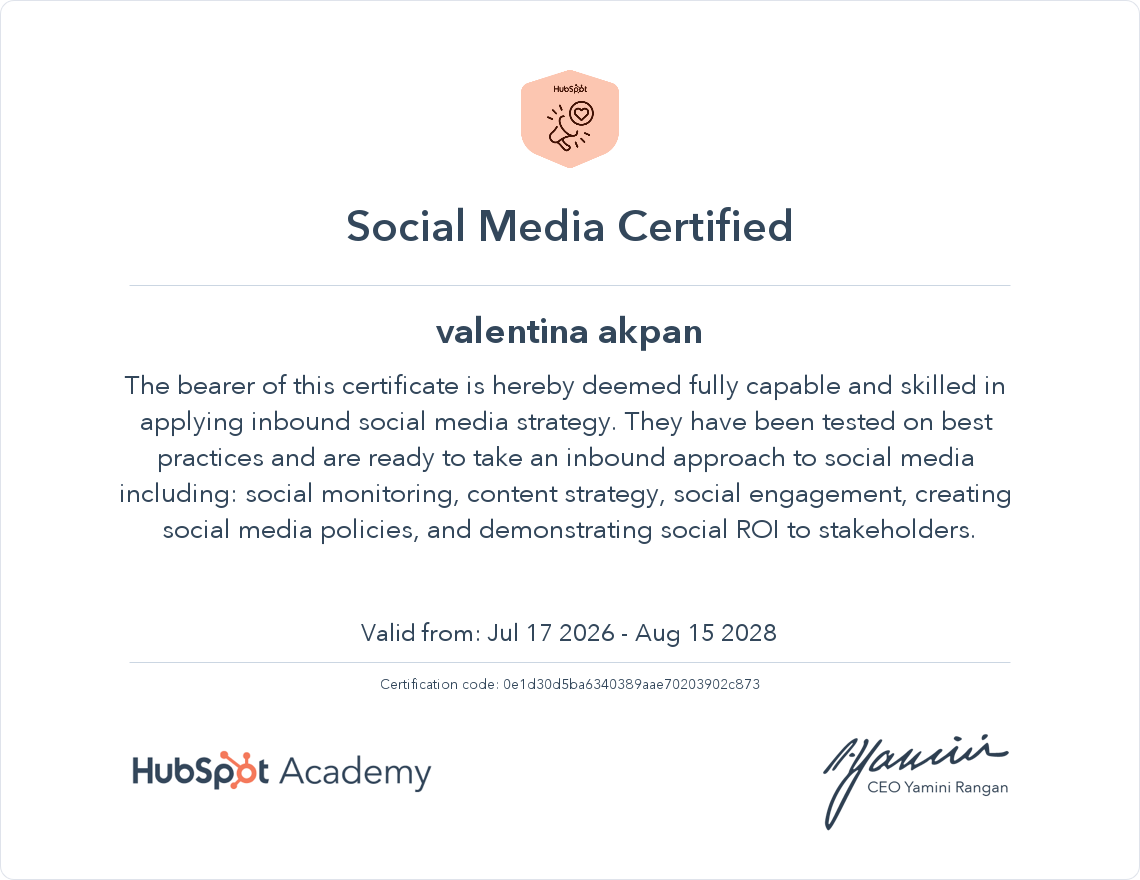 Social Media Certified certificate issued to Valentina Akpan