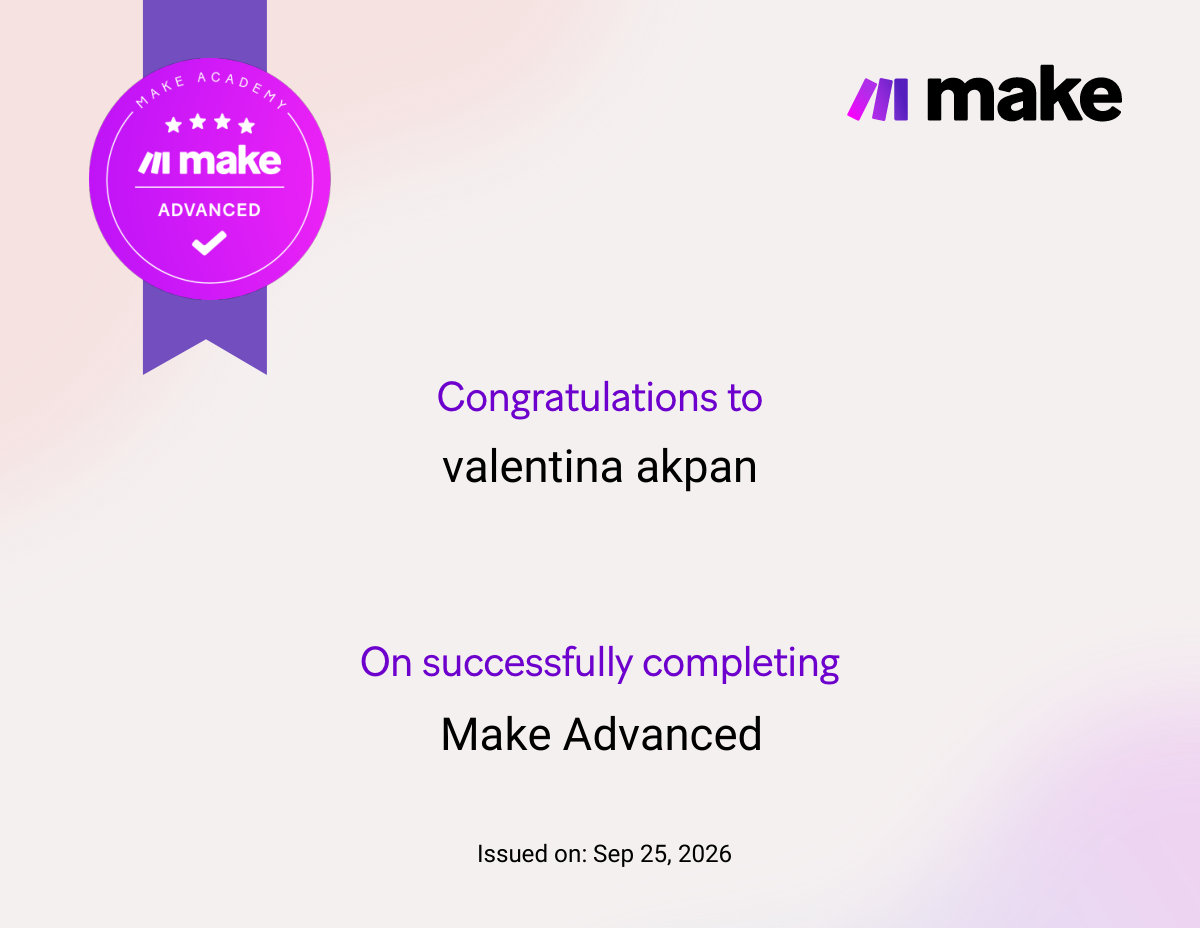 Make Advanced certificate issued to Valentina Akpan