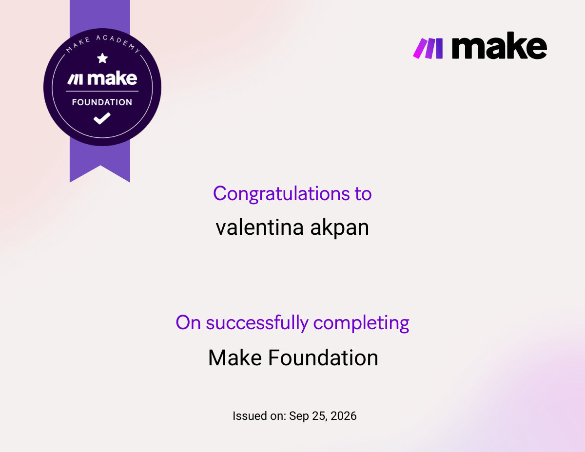 Make Foundation certificate issued to Valentina Akpan