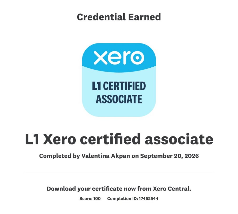 Xero L1 Certified Associate certificate issued to Valentina Akpan