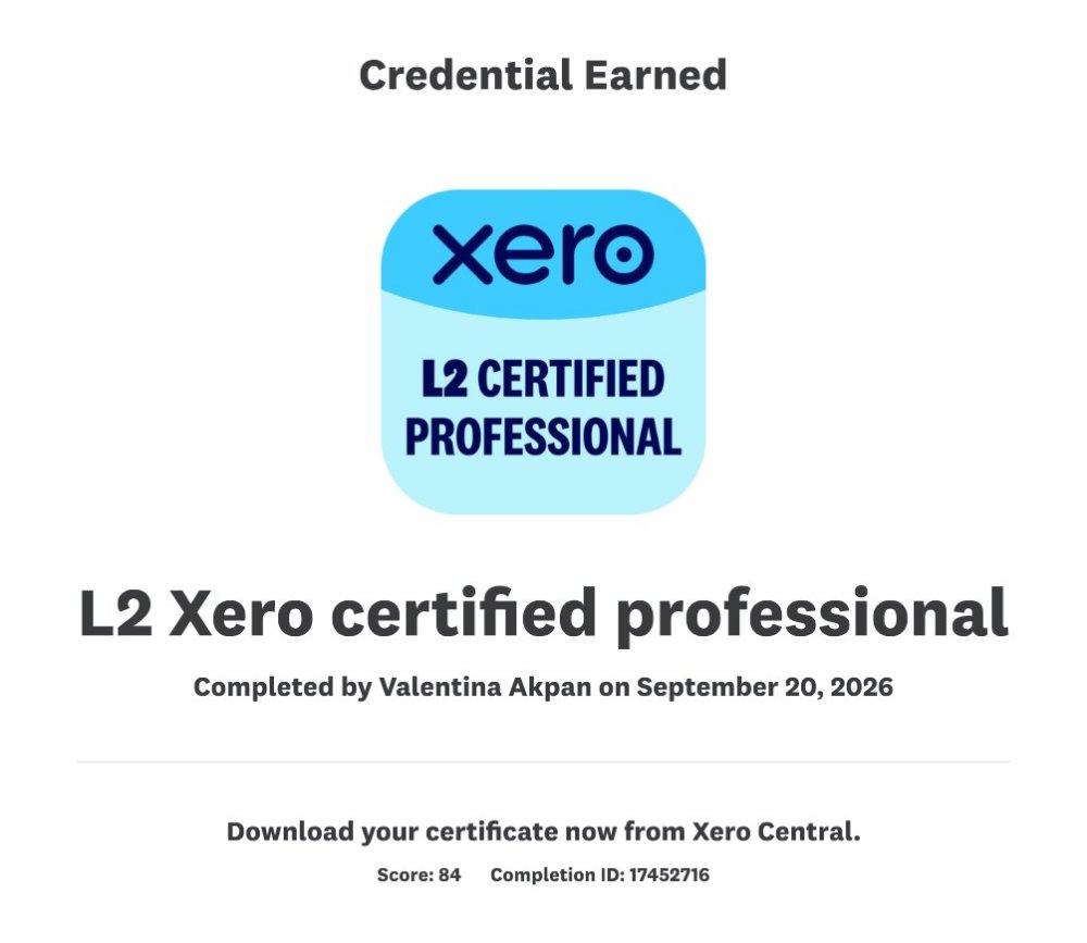 Xero L2 Certified Professional certificate issued to Valentina Akpan
