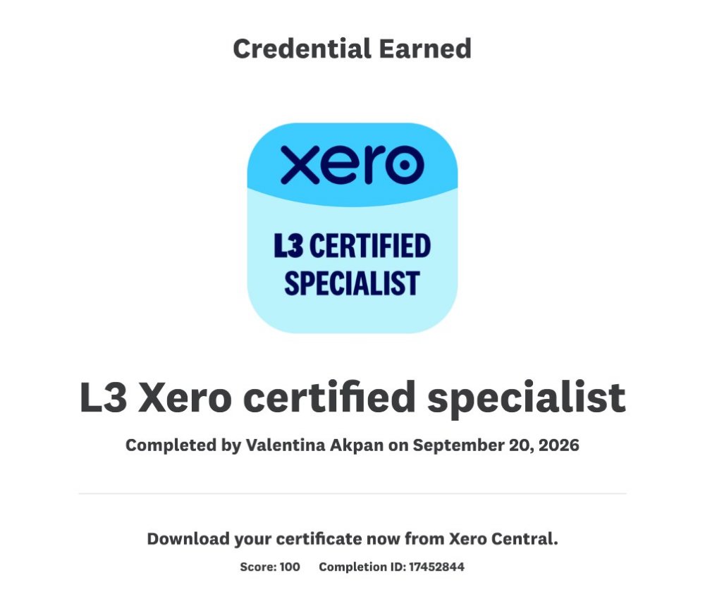 Xero L3 Certified Specialist certificate issued to Valentina Akpan