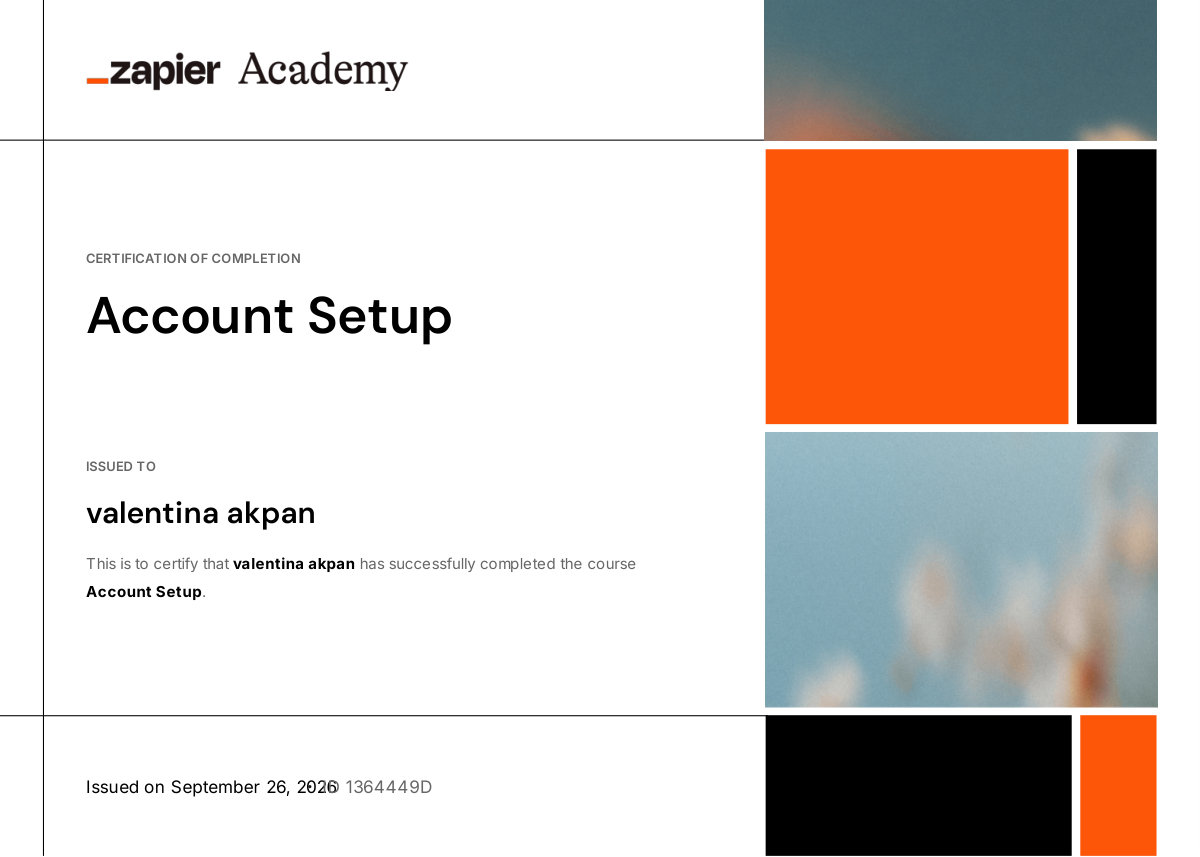 Zapier Account Setup certificate issued to Valentina Akpan