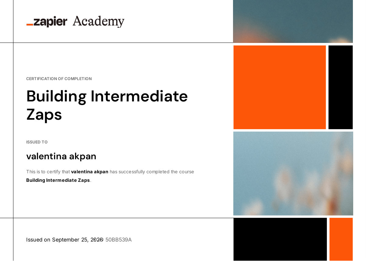 Building Intermediate Zaps certificate issued to Valentina Akpan