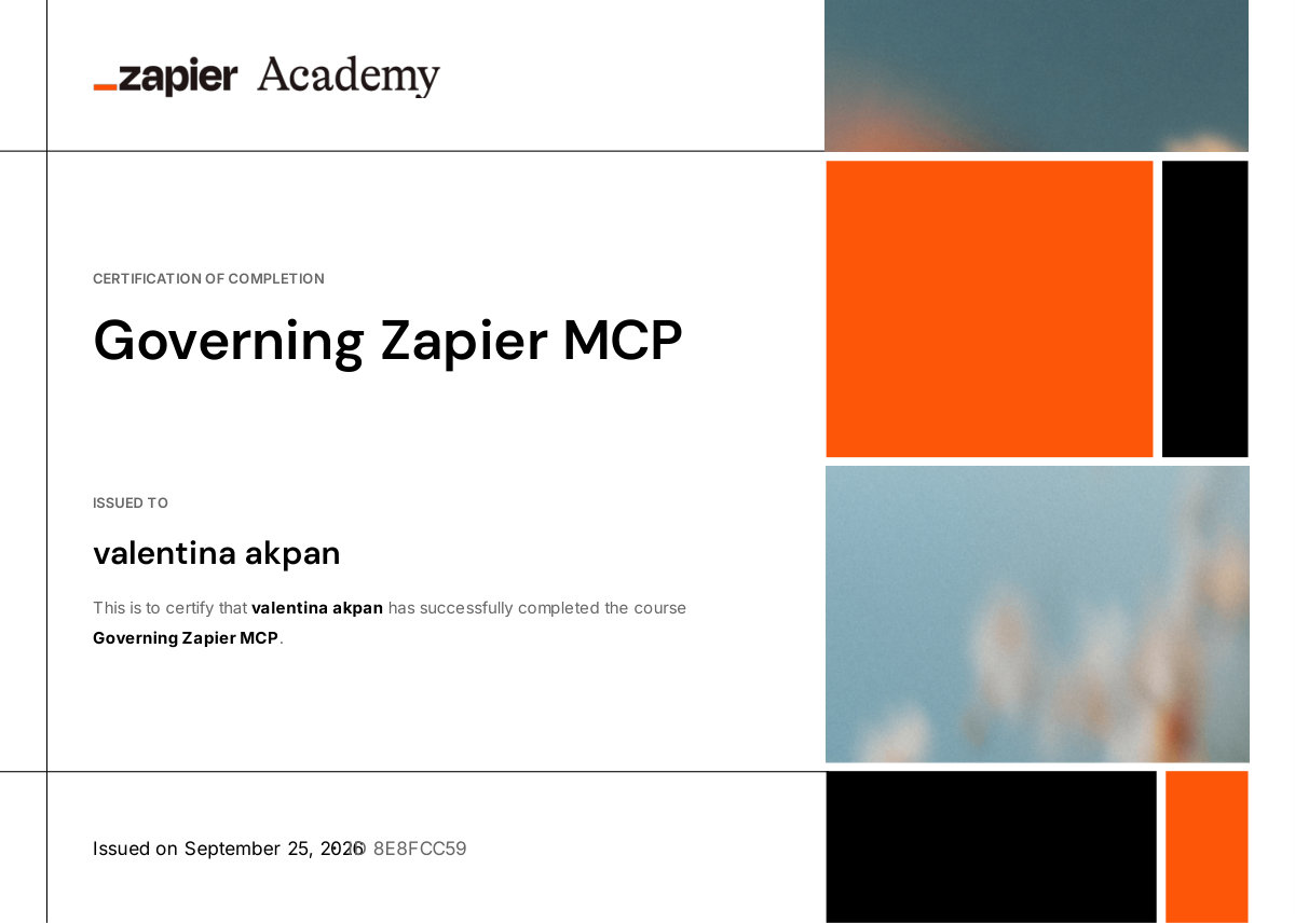 Governing Zapier MCP certificate issued to Valentina Akpan