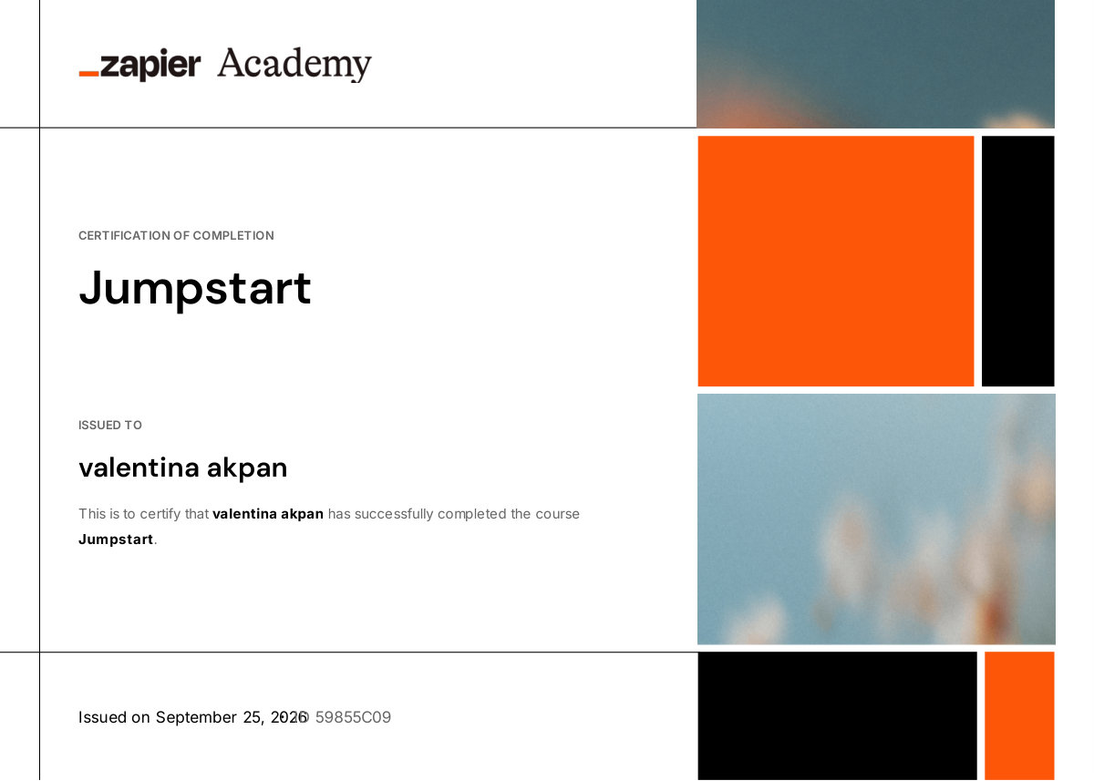 Zapier Jumpstart certificate issued to Valentina Akpan