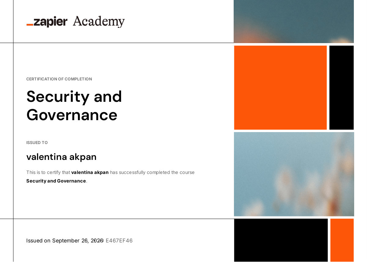 Zapier Security and Governance certificate issued to Valentina Akpan